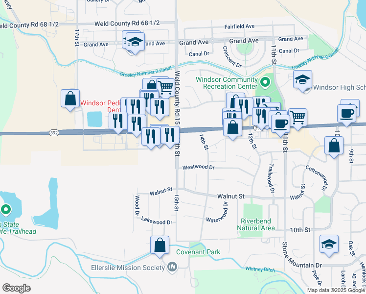 map of restaurants, bars, coffee shops, grocery stores, and more near County Road 15 in Windsor
