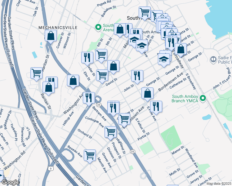map of restaurants, bars, coffee shops, grocery stores, and more near 116 South Feltus Street in South Amboy