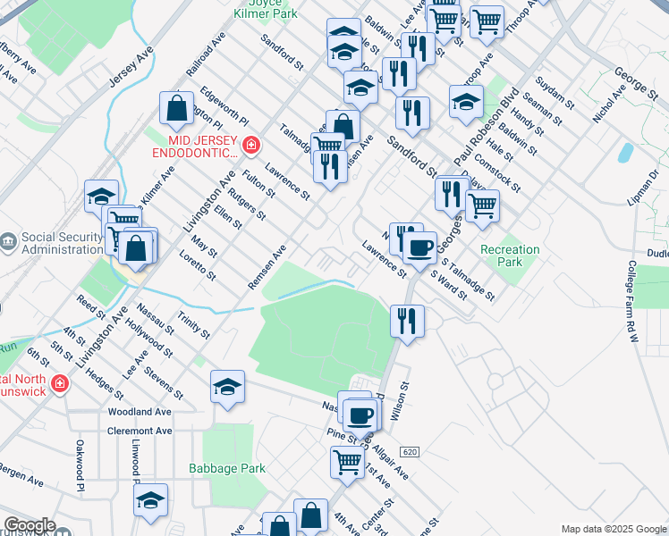 map of restaurants, bars, coffee shops, grocery stores, and more near 814 Cedar Court in New Brunswick