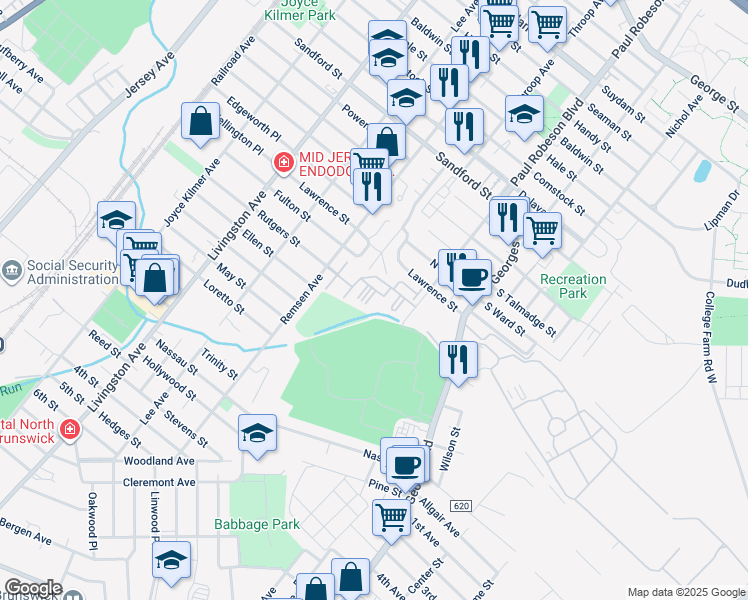map of restaurants, bars, coffee shops, grocery stores, and more near 814 Cedar Court in New Brunswick