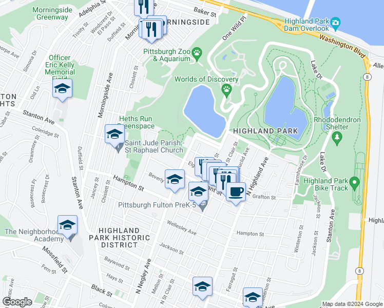 map of restaurants, bars, coffee shops, grocery stores, and more near 1403 North Negley Avenue in Pittsburgh