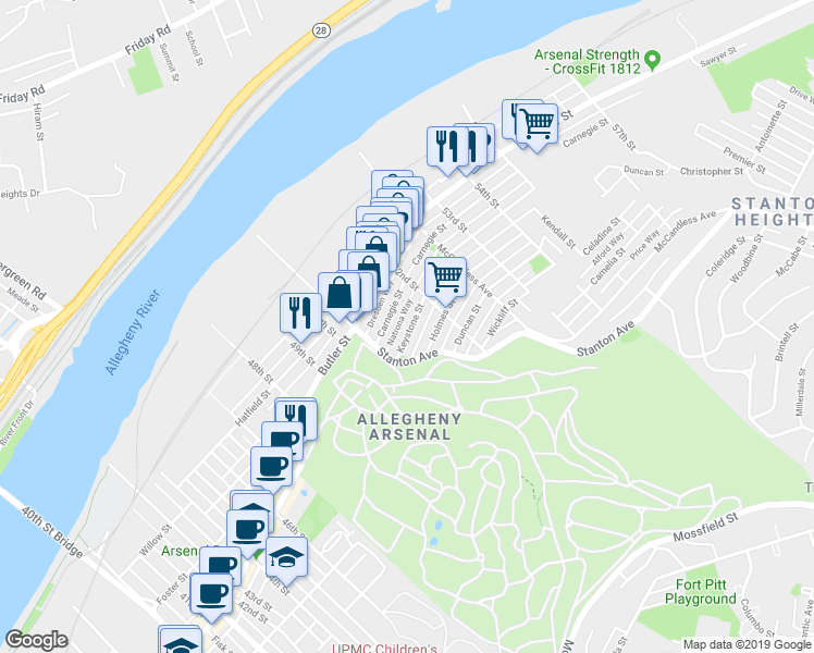 map of restaurants, bars, coffee shops, grocery stores, and more near in Pittsburgh