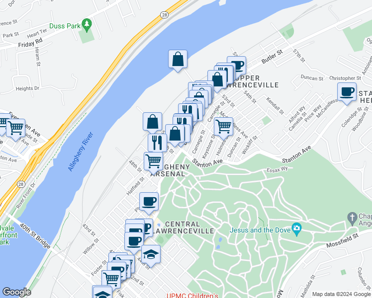 map of restaurants, bars, coffee shops, grocery stores, and more near 5101 Berlin Way in Pittsburgh