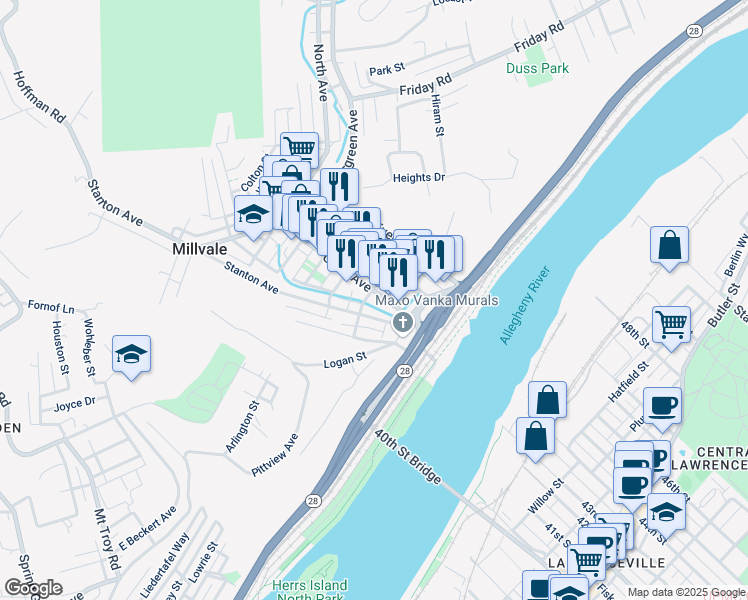 map of restaurants, bars, coffee shops, grocery stores, and more near 111 Sheridan Street in Pittsburgh