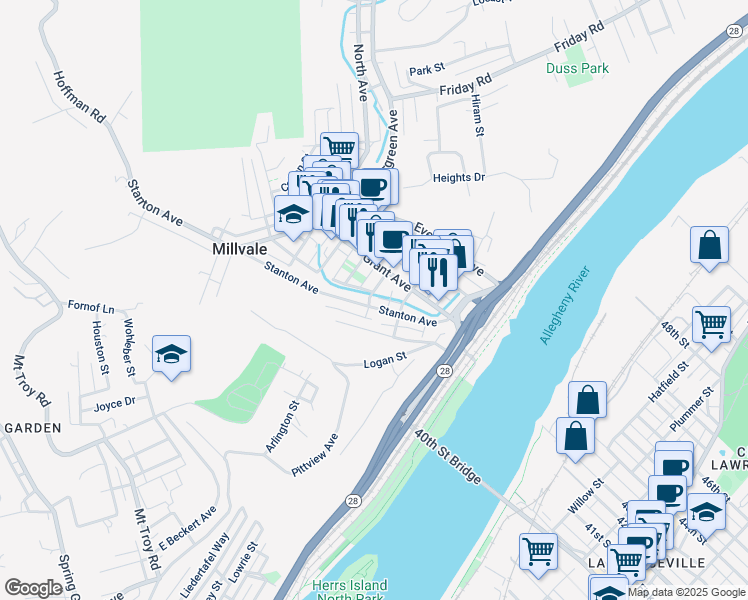 map of restaurants, bars, coffee shops, grocery stores, and more near 19 East Sherman Street in Pittsburgh