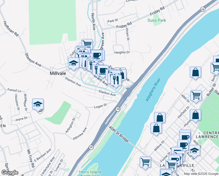 map of restaurants, bars, coffee shops, grocery stores, and more near 111 Sheridan Street in Pittsburgh