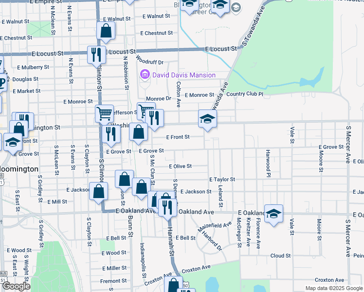 map of restaurants, bars, coffee shops, grocery stores, and more near 1099 East Front Street in Bloomington