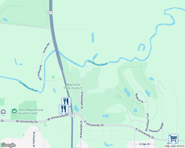 map of restaurants, bars, coffee shops, grocery stores, and more near 1406 North Randolph Street in Macomb