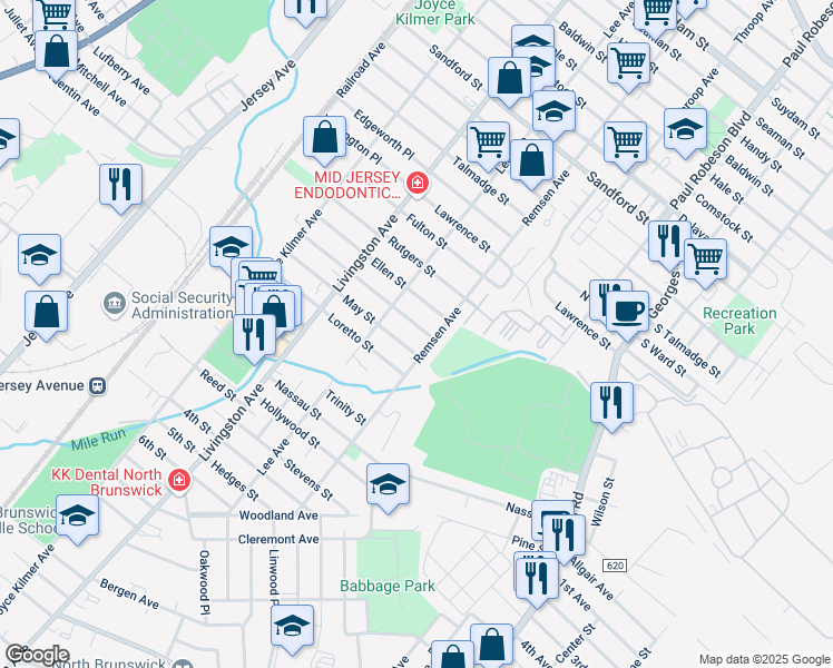 map of restaurants, bars, coffee shops, grocery stores, and more near 17 Juliet Street in New Brunswick