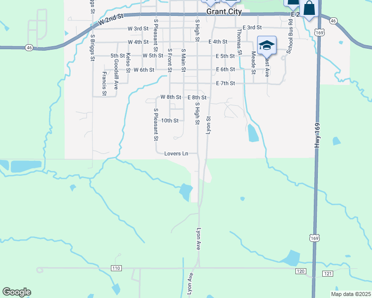 map of restaurants, bars, coffee shops, grocery stores, and more near South Main Street in Grant City