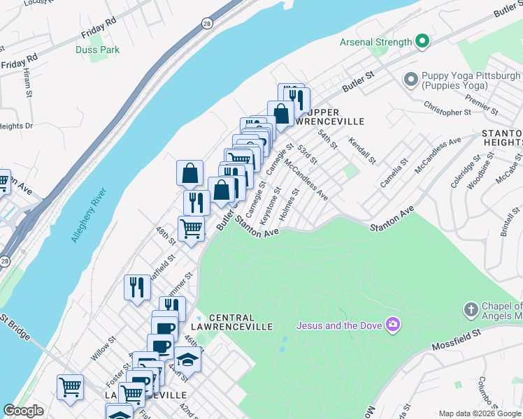 map of restaurants, bars, coffee shops, grocery stores, and more near 5138 Dresden Way in Pittsburgh