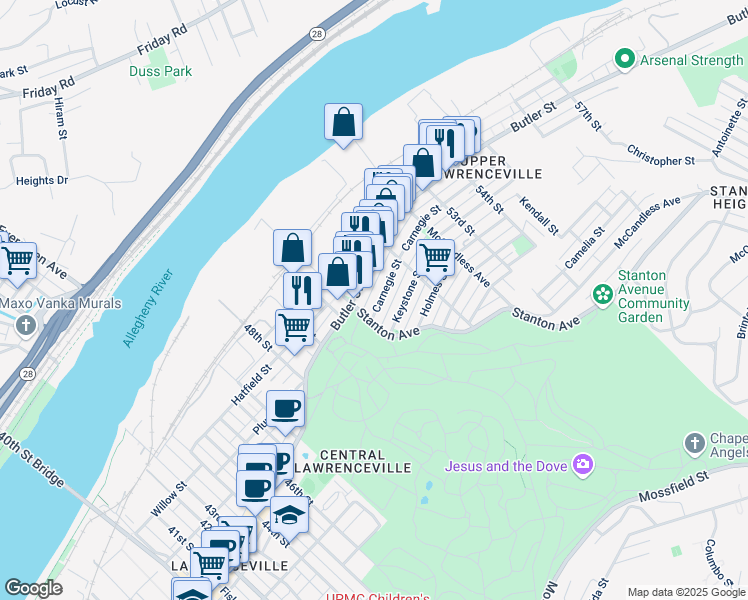 map of restaurants, bars, coffee shops, grocery stores, and more near 5145 Butler Street in Pittsburgh