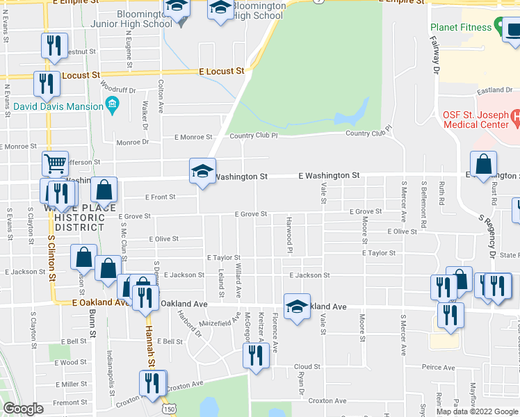 map of restaurants, bars, coffee shops, grocery stores, and more near 1306 East Grove Street in Bloomington