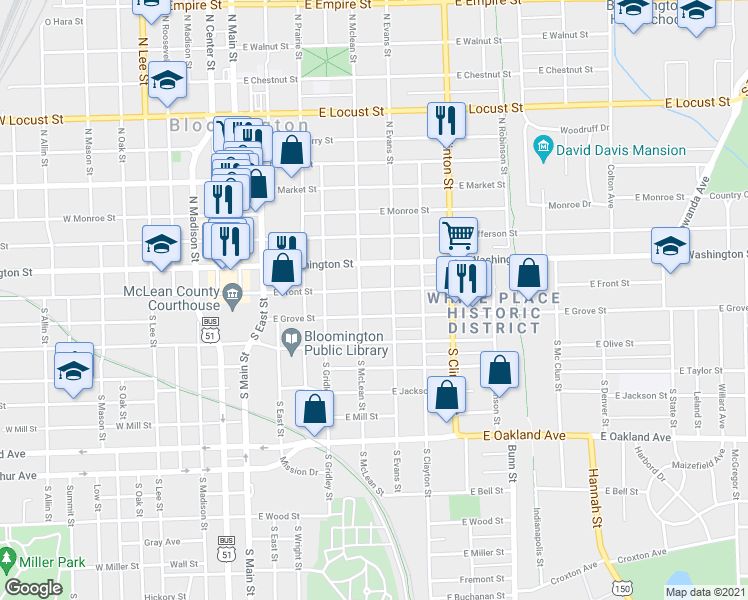 map of restaurants, bars, coffee shops, grocery stores, and more near 502 East Front Street in Bloomington
