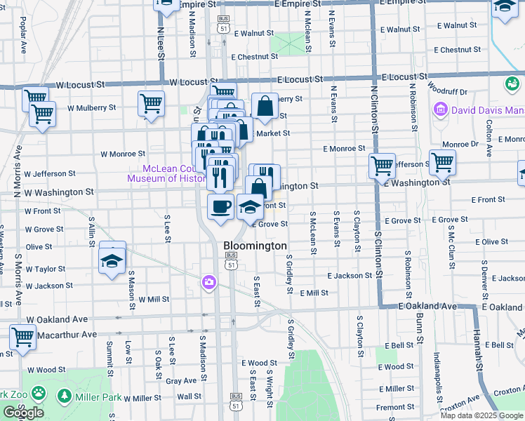 map of restaurants, bars, coffee shops, grocery stores, and more near 201 East Washington Street in Bloomington