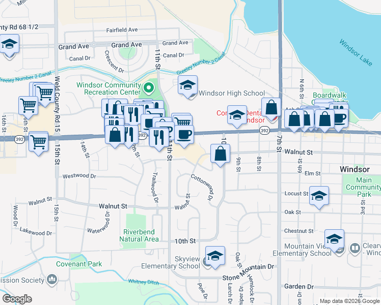 map of restaurants, bars, coffee shops, grocery stores, and more near 1039 Main Street in Windsor