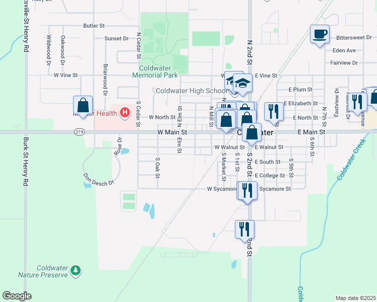 map of restaurants, bars, coffee shops, grocery stores, and more near 522 West Walnut Street in Coldwater