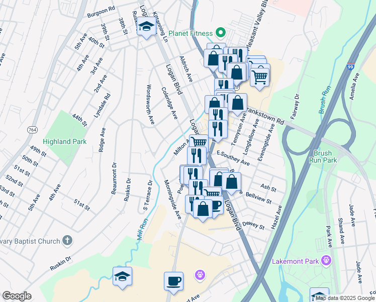 map of restaurants, bars, coffee shops, grocery stores, and more near 503 Coleridge Avenue in Altoona