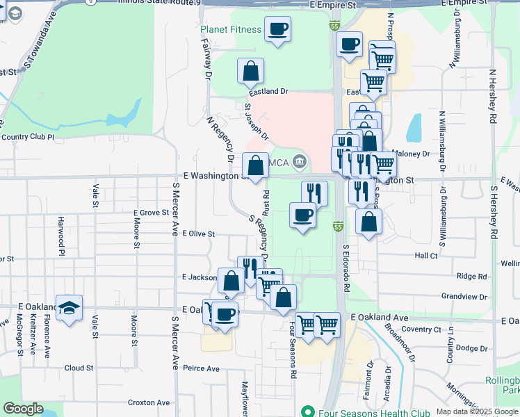 map of restaurants, bars, coffee shops, grocery stores, and more near 111 Rust Road in Bloomington