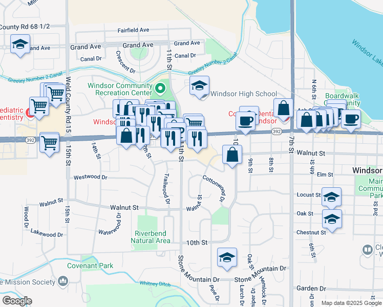 map of restaurants, bars, coffee shops, grocery stores, and more near 1105 Main Street in Windsor