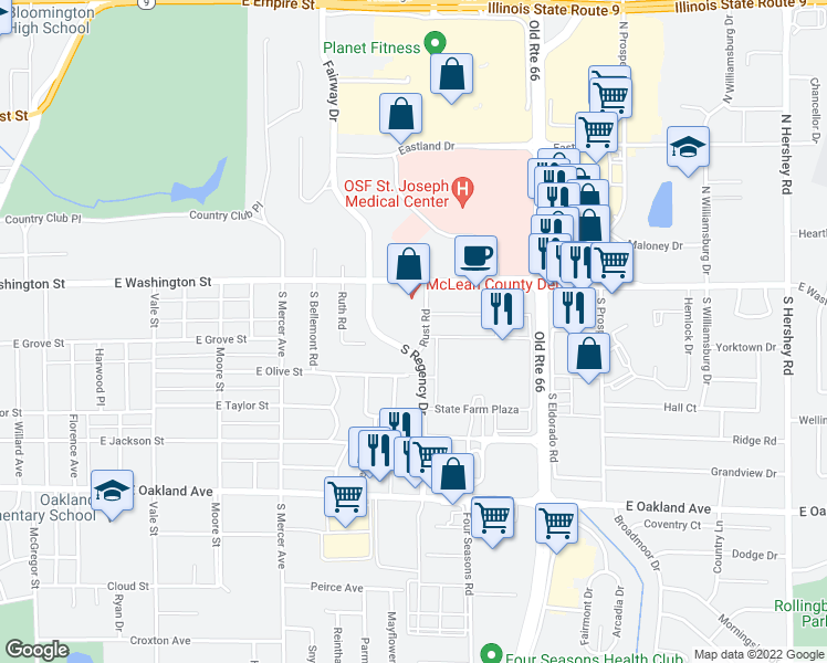 map of restaurants, bars, coffee shops, grocery stores, and more near 111 Rust Road in Bloomington