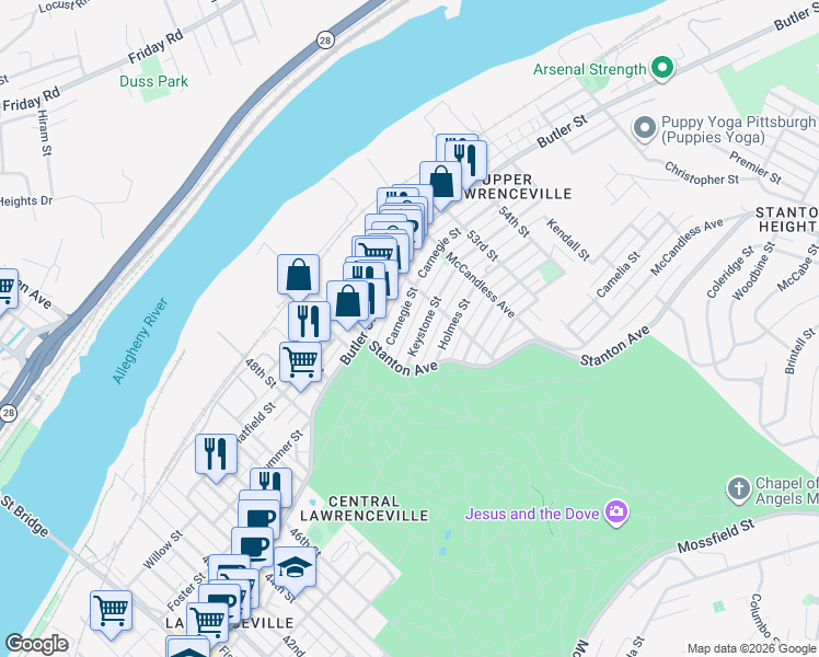 map of restaurants, bars, coffee shops, grocery stores, and more near 5138 Dresden Way in Pittsburgh