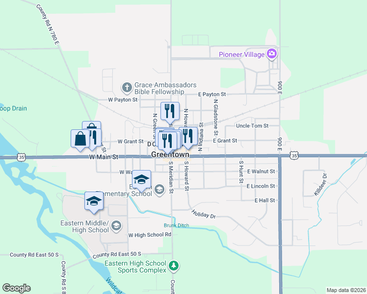 map of restaurants, bars, coffee shops, grocery stores, and more near 208 E Grant St in Greentown