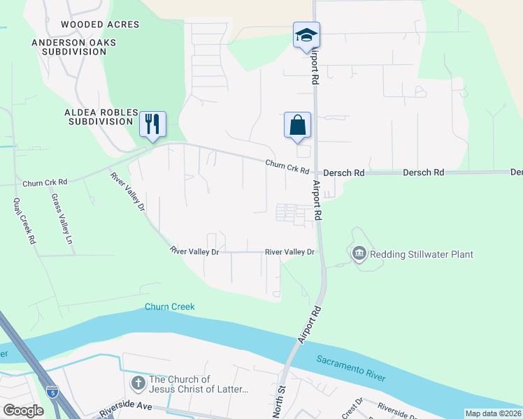 map of restaurants, bars, coffee shops, grocery stores, and more near 6500 Turtle Lane in Redding