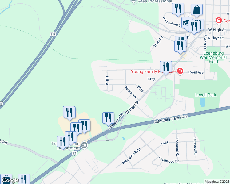 map of restaurants, bars, coffee shops, grocery stores, and more near 2-298 Spring Street in Ebensburg