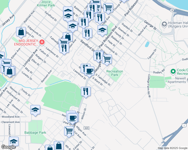 map of restaurants, bars, coffee shops, grocery stores, and more near 57 Georges Road in New Brunswick