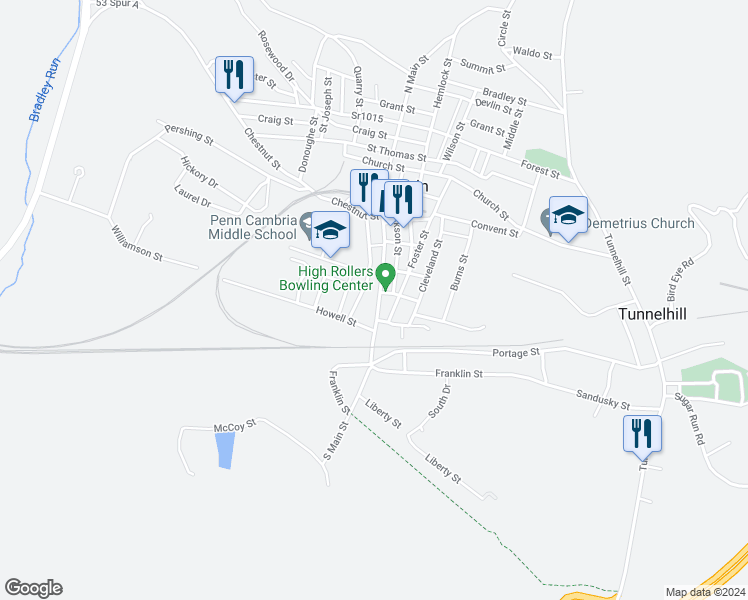 map of restaurants, bars, coffee shops, grocery stores, and more near 401 Jefferson Street in Gallitzin