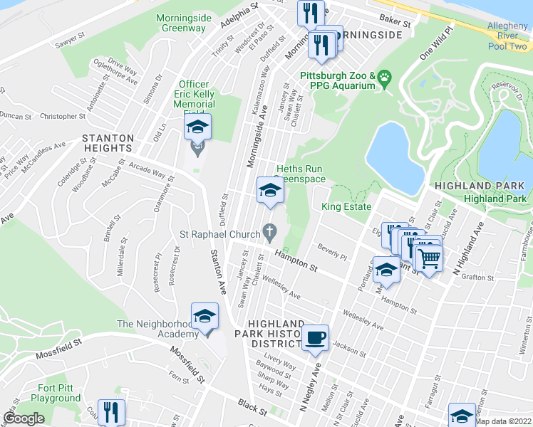 map of restaurants, bars, coffee shops, grocery stores, and more near 1165 Chislett Street in Pittsburgh