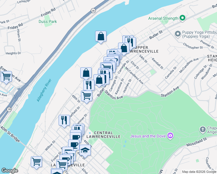 map of restaurants, bars, coffee shops, grocery stores, and more near 5138 Dresden Way in Pittsburgh