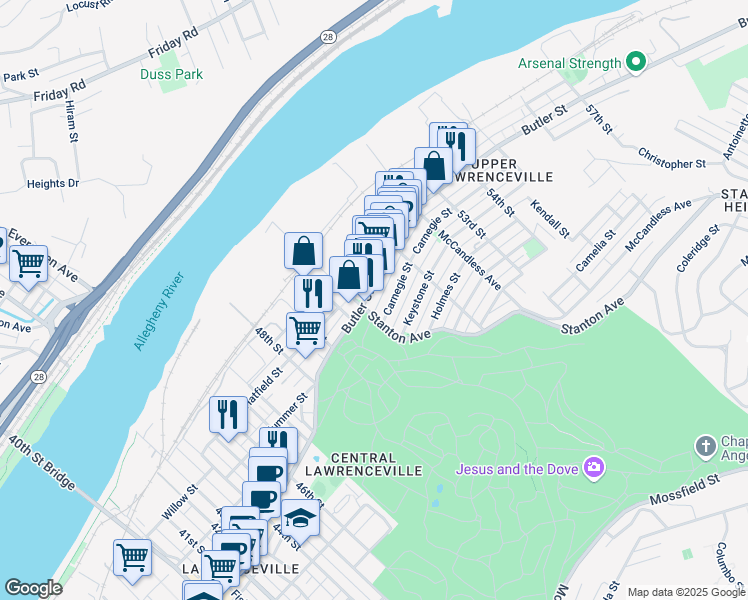 map of restaurants, bars, coffee shops, grocery stores, and more near 5145 Butler Street in Pittsburgh