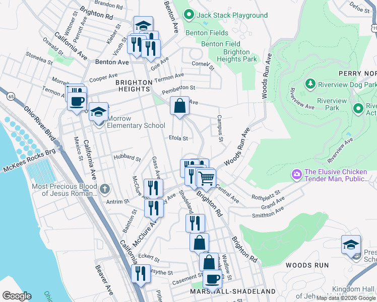 map of restaurants, bars, coffee shops, grocery stores, and more near 119 Harbison Place in Pittsburgh