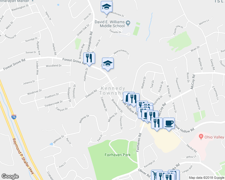 map of restaurants, bars, coffee shops, grocery stores, and more near in Kennedy Township