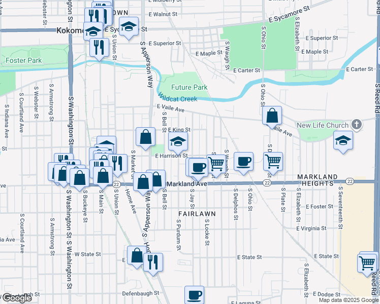map of restaurants, bars, coffee shops, grocery stores, and more near 729 South Jay Street in Kokomo