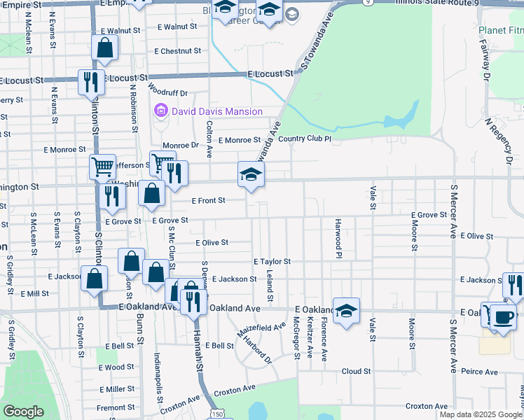 map of restaurants, bars, coffee shops, grocery stores, and more near 1210 East Grove Street in Bloomington