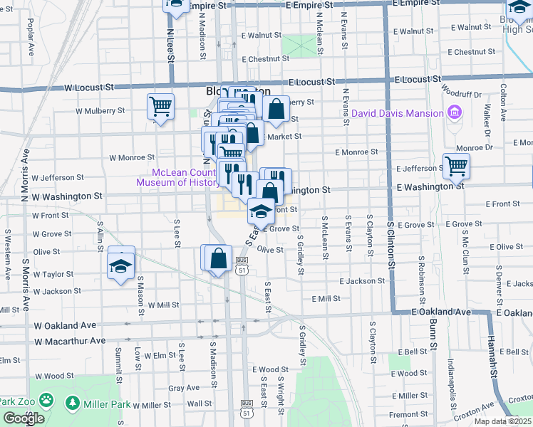 map of restaurants, bars, coffee shops, grocery stores, and more near 201 East Washington Street in Bloomington