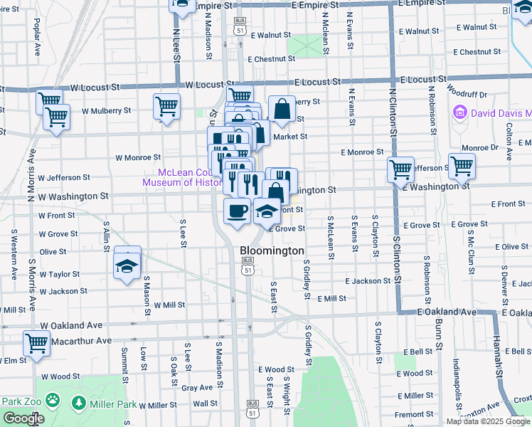 map of restaurants, bars, coffee shops, grocery stores, and more near 201 East Washington Street in Bloomington