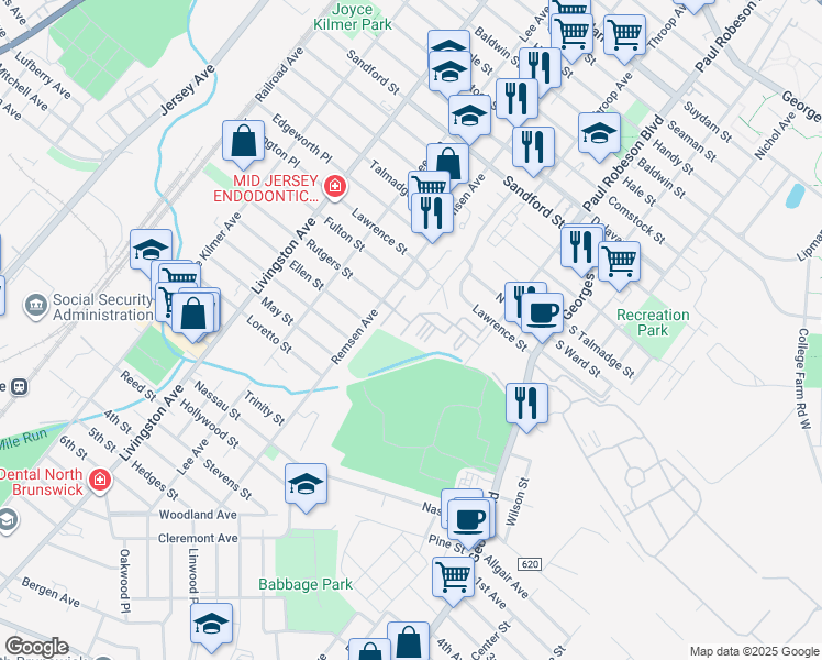 map of restaurants, bars, coffee shops, grocery stores, and more near 402 Birch Court in New Brunswick