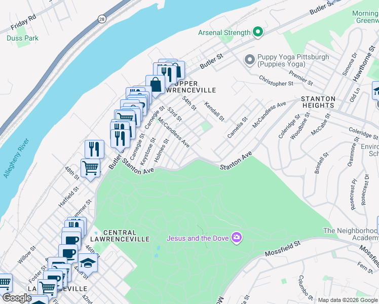 map of restaurants, bars, coffee shops, grocery stores, and more near 810 McCandless Avenue in Pittsburgh