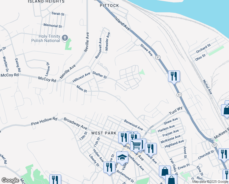 map of restaurants, bars, coffee shops, grocery stores, and more near 398 McCoy Road in McKees Rocks