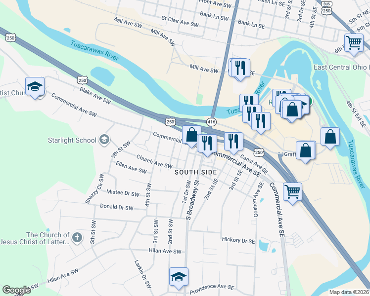 map of restaurants, bars, coffee shops, grocery stores, and more near 200 Commercial Avenue Southeast in New Philadelphia