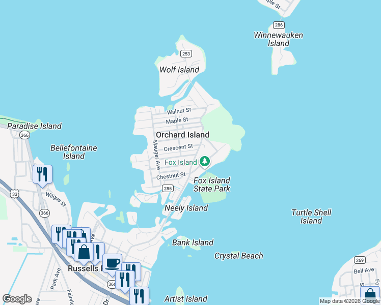 map of restaurants, bars, coffee shops, grocery stores, and more near 8875 Crescent Street in Lakeview