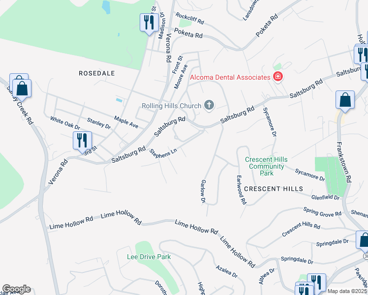 map of restaurants, bars, coffee shops, grocery stores, and more near 104 Cristie Drive in Verona