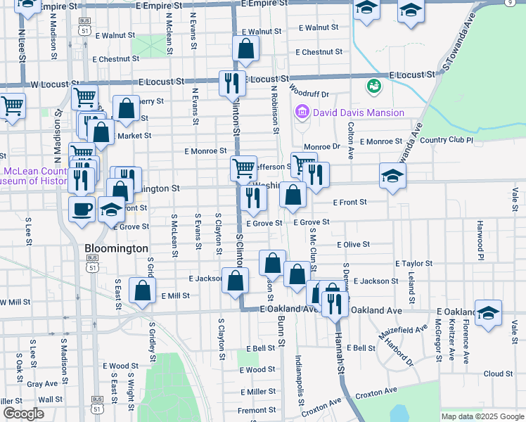 map of restaurants, bars, coffee shops, grocery stores, and more near 817 East Front Street in Bloomington