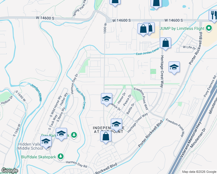 map of restaurants, bars, coffee shops, grocery stores, and more near 978 Freedom Point Way in Riverton