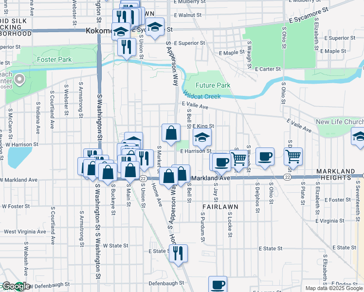map of restaurants, bars, coffee shops, grocery stores, and more near 500 East Harrison Street in Kokomo