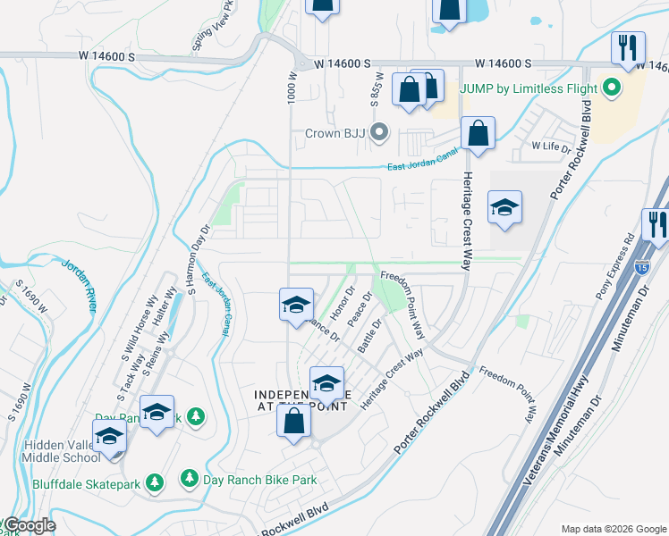 map of restaurants, bars, coffee shops, grocery stores, and more near West Freedom Avenue in Sandy